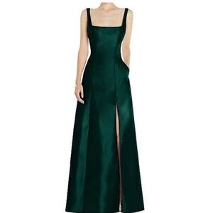 Alfred Sung Hunter Green Satin Twill Sleeveless Square Neck A-Line Gown 14 NWT